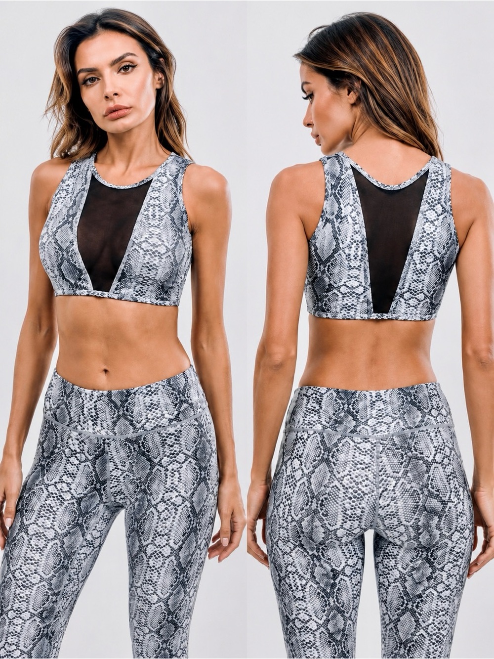 VARLEY Black & Grey Snake Print Sports Bra w Mesh V-Neck & V-Back